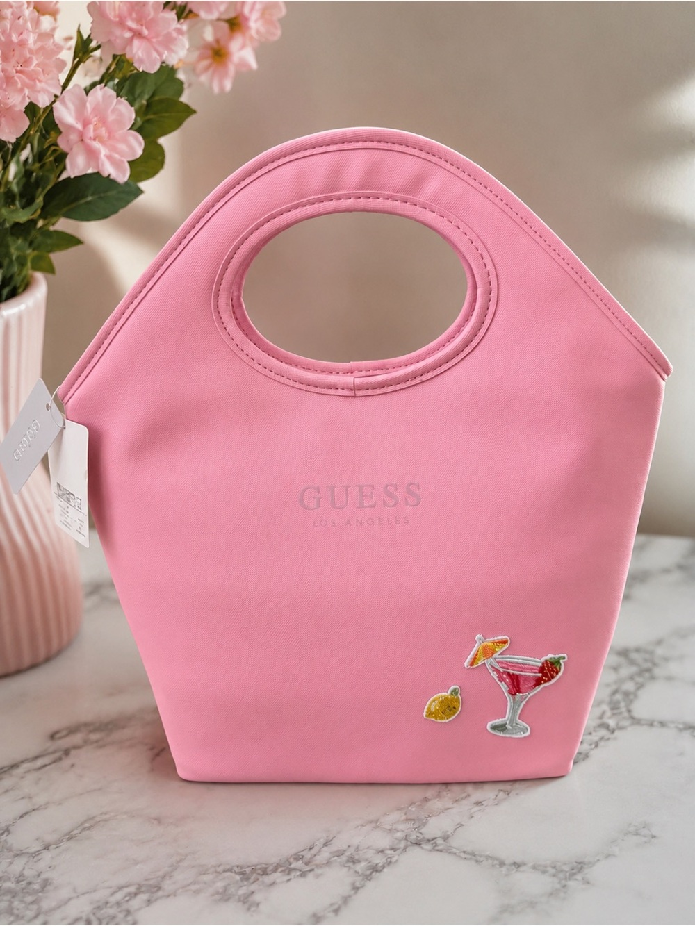 GUESS Pink Insulated Lunch Tote Bag Cocktail Patch NWT